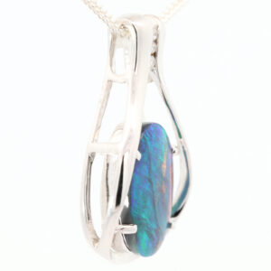 White Gold Blue Green Solid Australian Black Opal Necklace Pendant with Diamonds