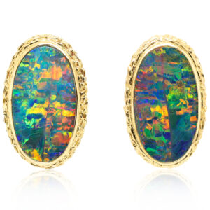 Yellow Gold Blue Green Orange Yellow Red Doublet Opal Earrings