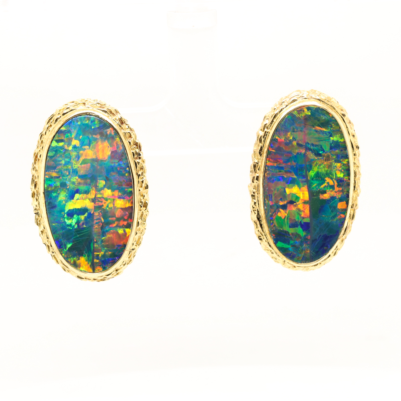 Yellow Gold Blue Green Orange Yellow Red Doublet Opal Earrings