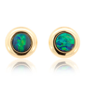 Green Blue Yellow Gold Australian Doublet Opal Stud Earrings