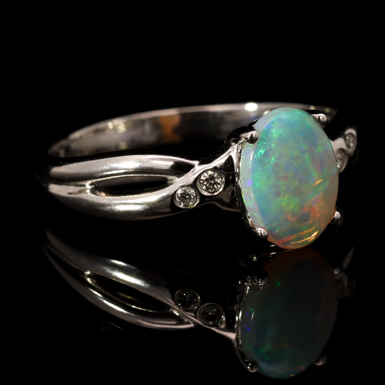 Blue and Green White Gold Solid Australian Crystal Opal Engagement Ring with Diamonds