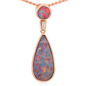 Rose Gold Red Blue Green Orange Australian Doublet Opal and Diamond Necklace Pendant