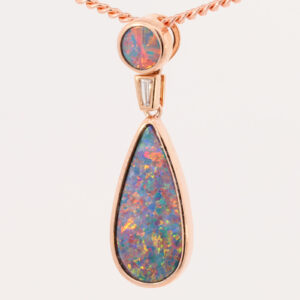 Rose Gold Red Blue Green Orange Doublet Opal and Diamond Pendant