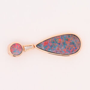 Rose Gold Red Blue Green Orange Australian Doublet Opal and Diamond Necklace Pendant