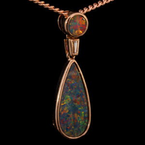 Rose Gold Red Blue Green Orange Australian Doublet Opal and Diamond Necklace Pendant