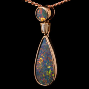 Rose Gold Red Blue Green Orange Australian Doublet Opal and Diamond Necklace Pendant