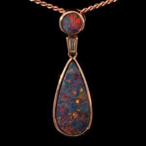 Rose Gold Red Blue Green Orange Australian Doublet Opal and Diamond Necklace Pendant