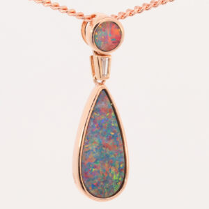 Rose Gold Red Blue Green Orange Australian Doublet Opal and Diamond Necklace Pendant