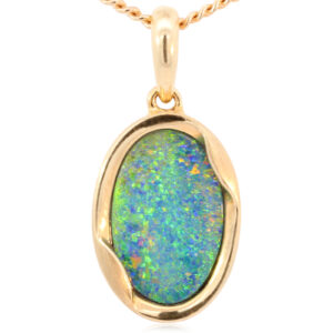 Yellow Gold Blue Green Yellow Orange Australian Doublet Opal Necklace Pendant