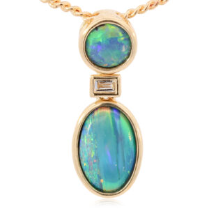 Yellow Gold Blue Green Yellow Orange Australian Doublet Opal Necklace Pendant with Diamond