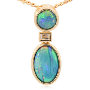 Yellow Gold Blue Green Yellow Orange Australian Doublet Opal Necklace Pendant with Diamond