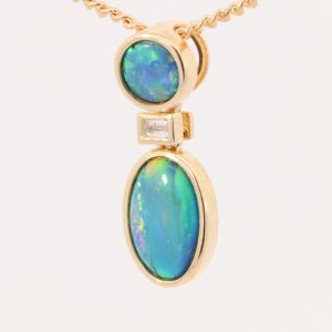 Yellow Gold Blue Green Yellow Orange Australian Doublet Opal Necklace Pendant with Diamond