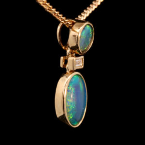 Yellow Gold Blue Green Yellow Orange Australian Doublet Opal Necklace Pendant with Diamond