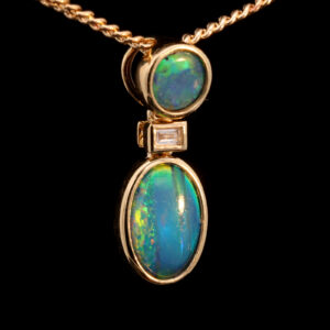 Yellow Gold Blue Green Yellow Orange Australian Doublet Opal Necklace Pendant with Diamond