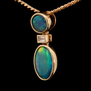 Yellow Gold Blue Green Yellow Orange Australian Doublet Opal Necklace Pendant with Diamond