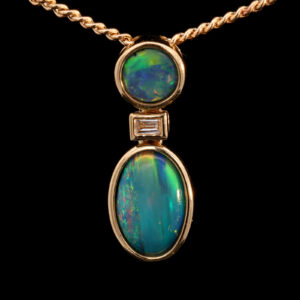 Yellow Gold Blue Green Yellow Orange Australian Doublet Opal Necklace Pendant with Diamond