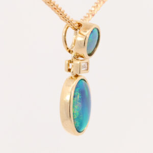 Yellow Gold Blue Green Yellow Orange Australian Doublet Opal Necklace Pendant with Diamond