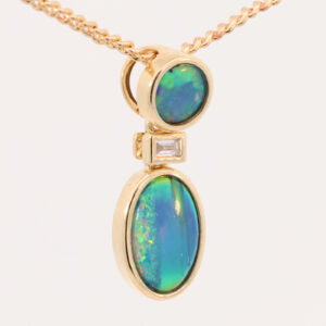 Yellow Gold Blue Green Yellow Orange Australian Doublet Opal Necklace Pendant with Diamond