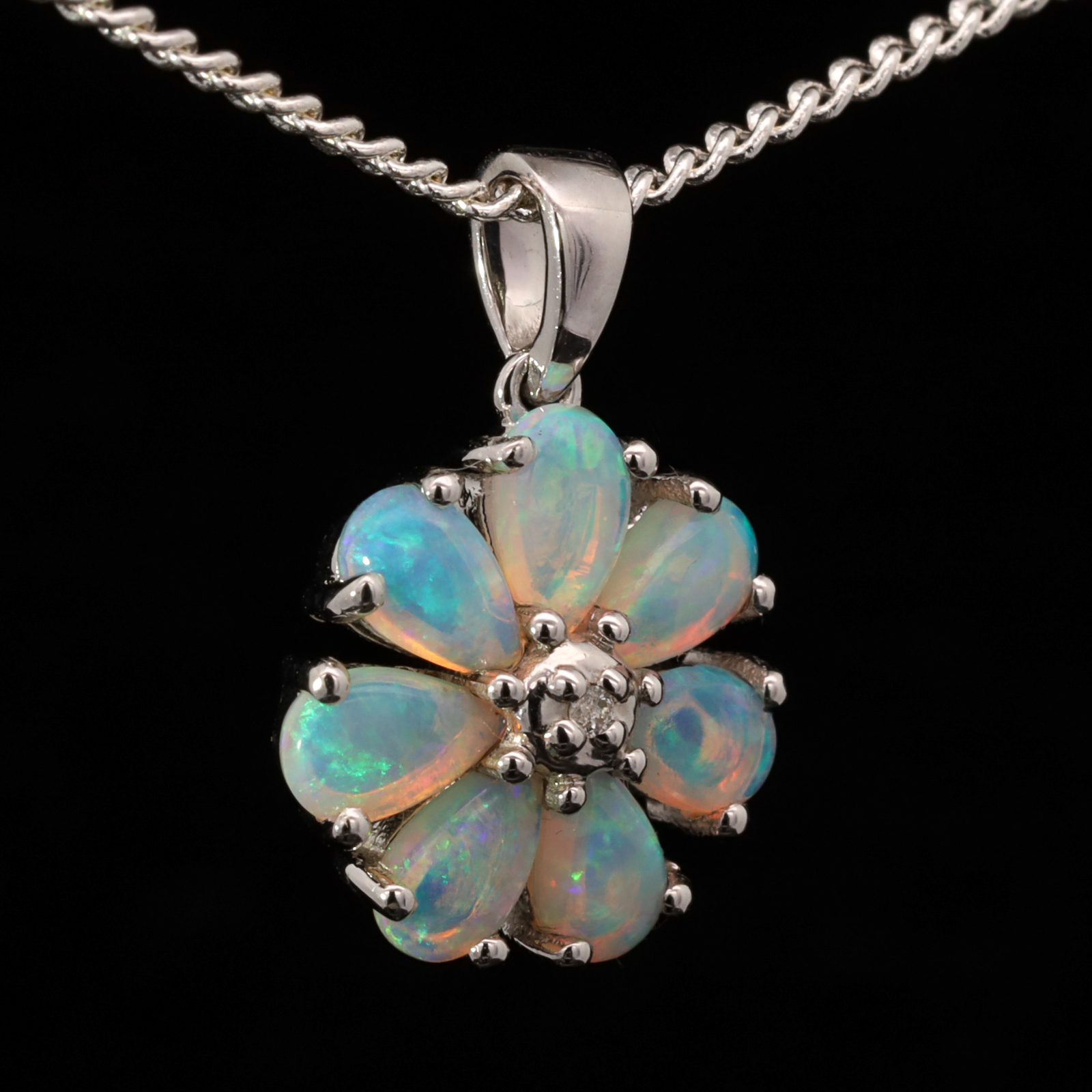 White Gold Blue Green Solid Australian Crystal Opal Necklace Diamond Pendant