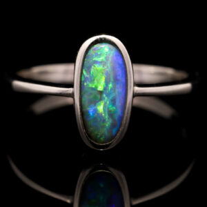 Blue, Yellow and Green Sterling Silver Solid Australian Boulder Opal Ring