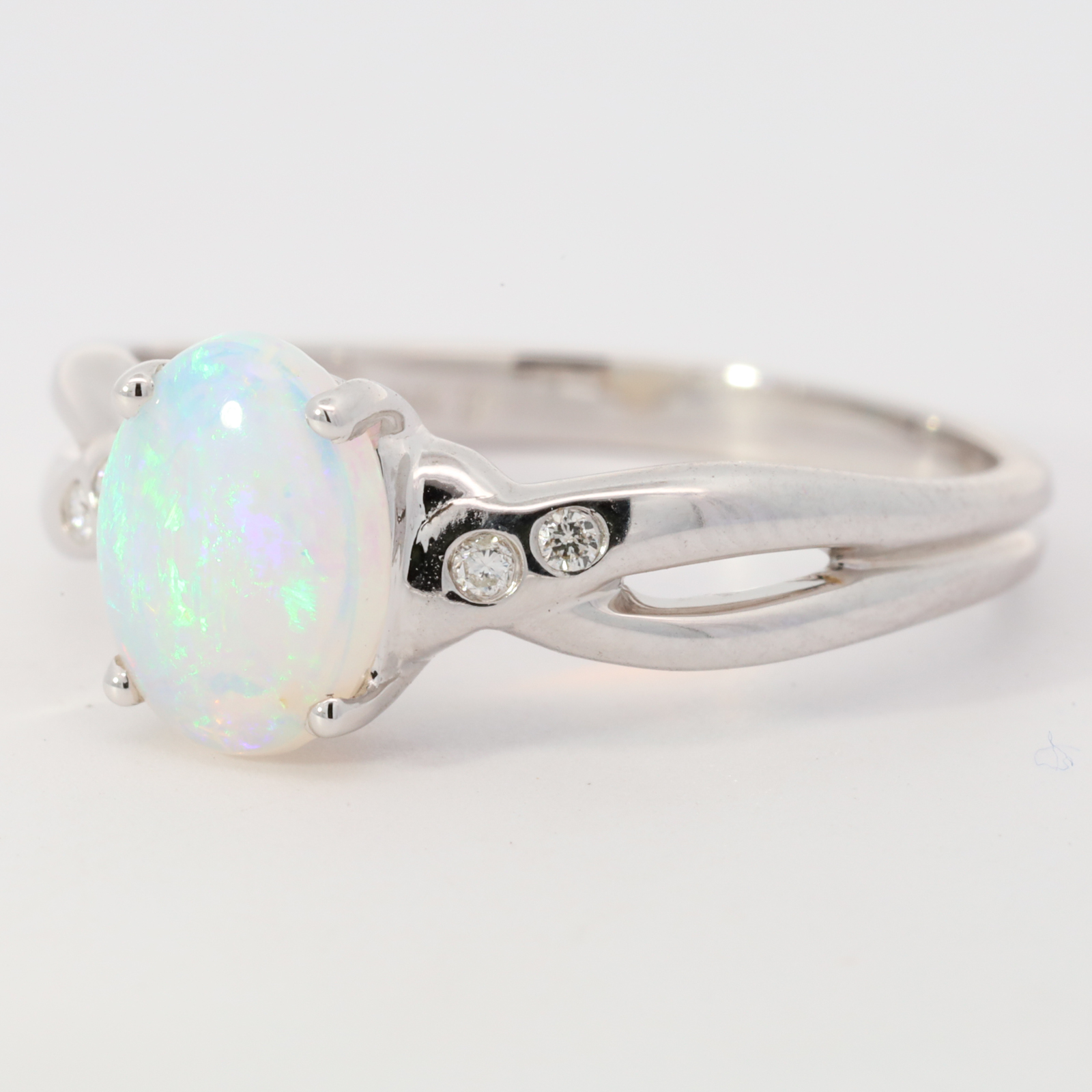 Blue Green White Gold Solid Australian Crystal Opal Engagement Ring with Diamonds