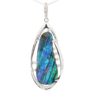 Premium White Gold Blue Green Solid Australian Boulder Opal Necklace Pendant with Diamonds