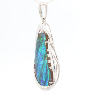 Premium White Gold Blue Green Solid Australian Boulder Opal Necklace Pendant with Diamonds