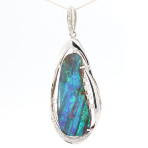 Premium White Gold Blue Green Solid Australian Boulder Opal Necklace Pendant with Diamonds