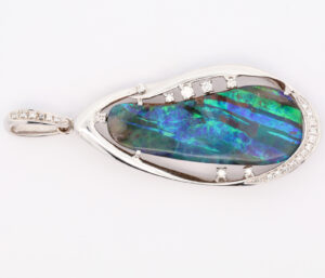 Premium White Gold Blue Green Solid Australian Boulder Opal Necklace Pendant with Diamonds