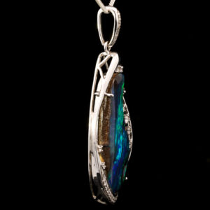 Premium White Gold Blue Green Solid Australian Boulder Opal Necklace Pendant with Diamonds