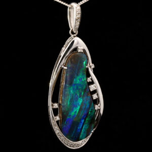 Premium White Gold Blue Green Solid Australian Boulder Opal Necklace Pendant with Diamonds