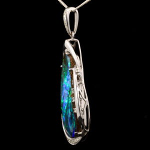 Premium White Gold Blue Green Solid Australian Boulder Opal Necklace Pendant with Diamonds