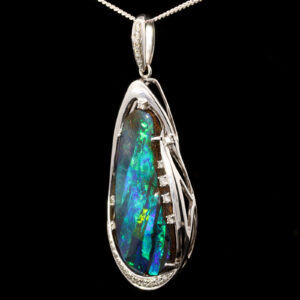 Premium White Gold Blue Green Solid Australian Boulder Opal Necklace Pendant with Diamonds