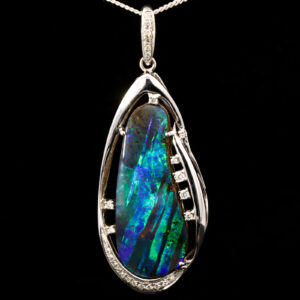 Premium White Gold Blue Green Solid Australian Boulder Opal Necklace Pendant with Diamonds