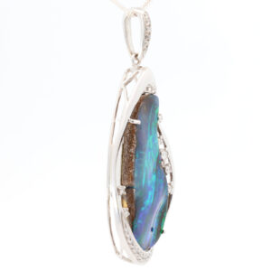 Premium White Gold Blue Green Solid Australian Boulder Opal Necklace Pendant with Diamonds