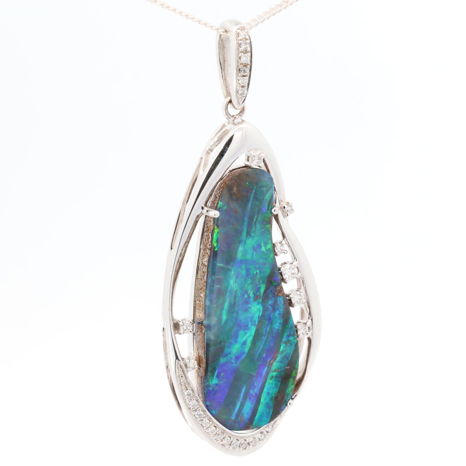Premium White Gold Blue Green Solid Australian Boulder Opal Necklace Pendant with Diamonds