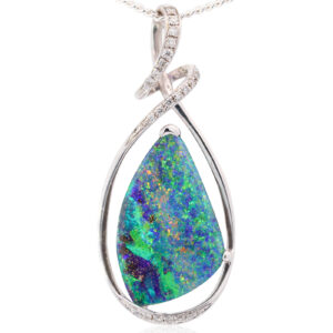 Premium White Gold Blue Pink Green Solid Australian Boulder Opal Necklace Pendant with Diamonds