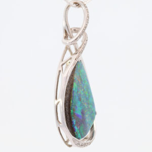 Premium White Gold Blue Pink Green Solid Australian Boulder Opal Necklace Pendant with Diamonds