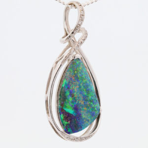 Premium White Gold Blue Pink Green Solid Australian Boulder Opal Necklace Pendant with Diamonds