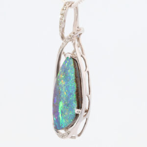 Premium White Gold Blue Pink Green Solid Australian Boulder Opal Necklace Pendant with Diamonds