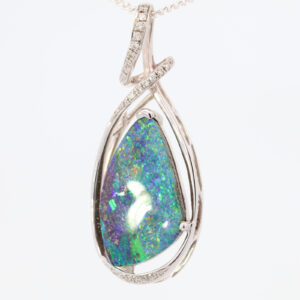 Premium White Gold Blue Pink Green Solid Australian Boulder Opal Necklace Pendant with Diamonds