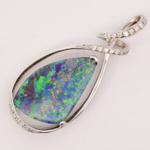 Premium White Gold Blue Pink Green Solid Australian Boulder Opal Necklace Pendant with Diamonds