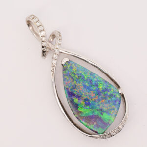 Premium White Gold Blue Pink Green Solid Australian Boulder Opal Necklace Pendant with Diamonds