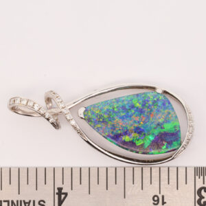 Premium White Gold Blue Pink Green Solid Australian Boulder Opal Necklace Pendant with Diamonds