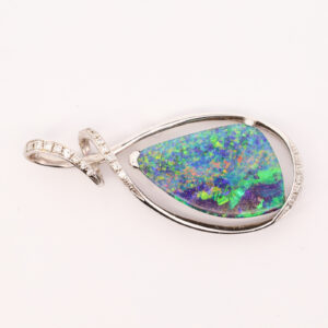 Premium White Gold Blue Pink Green Solid Australian Boulder Opal Necklace Pendant with Diamonds