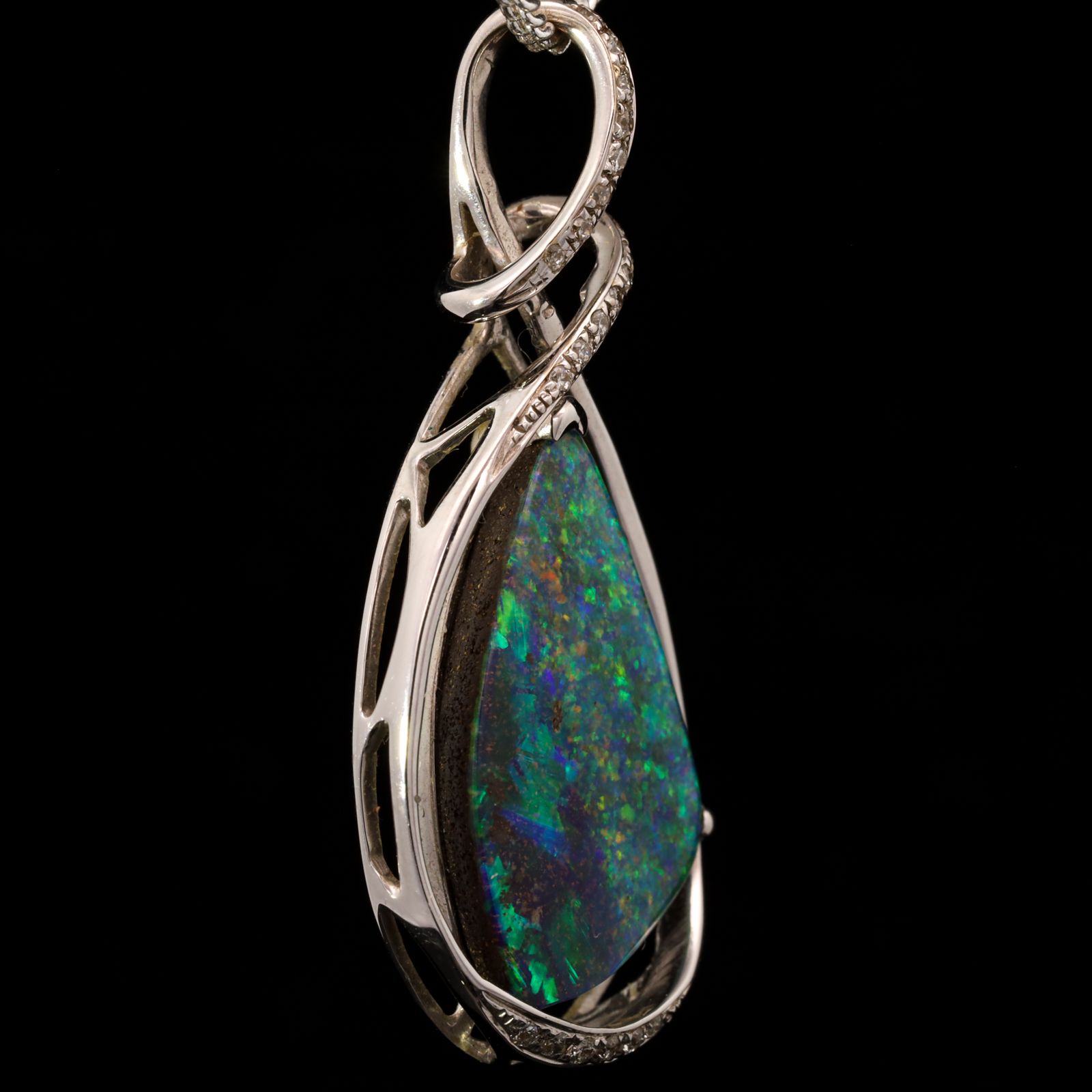 Premium White Gold Blue Pink Green Solid Australian Boulder Opal Necklace Pendant with Diamonds