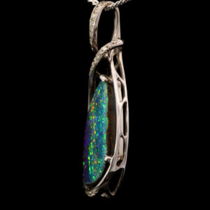 Premium White Gold Blue Pink Green Solid Australian Boulder Opal Necklace Pendant with Diamonds