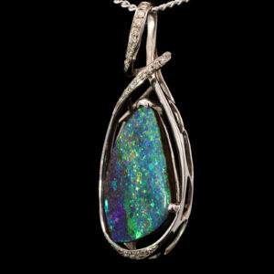 Premium White Gold Blue Pink Green Solid Australian Boulder Opal Necklace Pendant with Diamonds