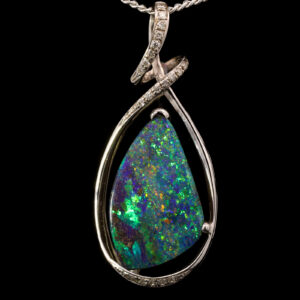 Premium White Gold Blue Pink Green Solid Australian Boulder Opal Necklace Pendant with Diamonds