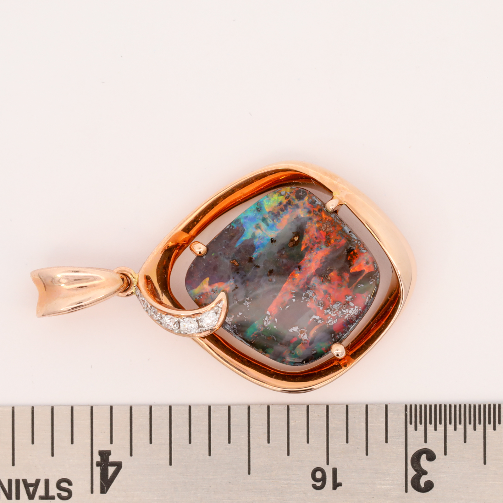 Rose Gold Red Green Orange Solid Australian Boulder Opal Necklace Pendant with Diamonds
